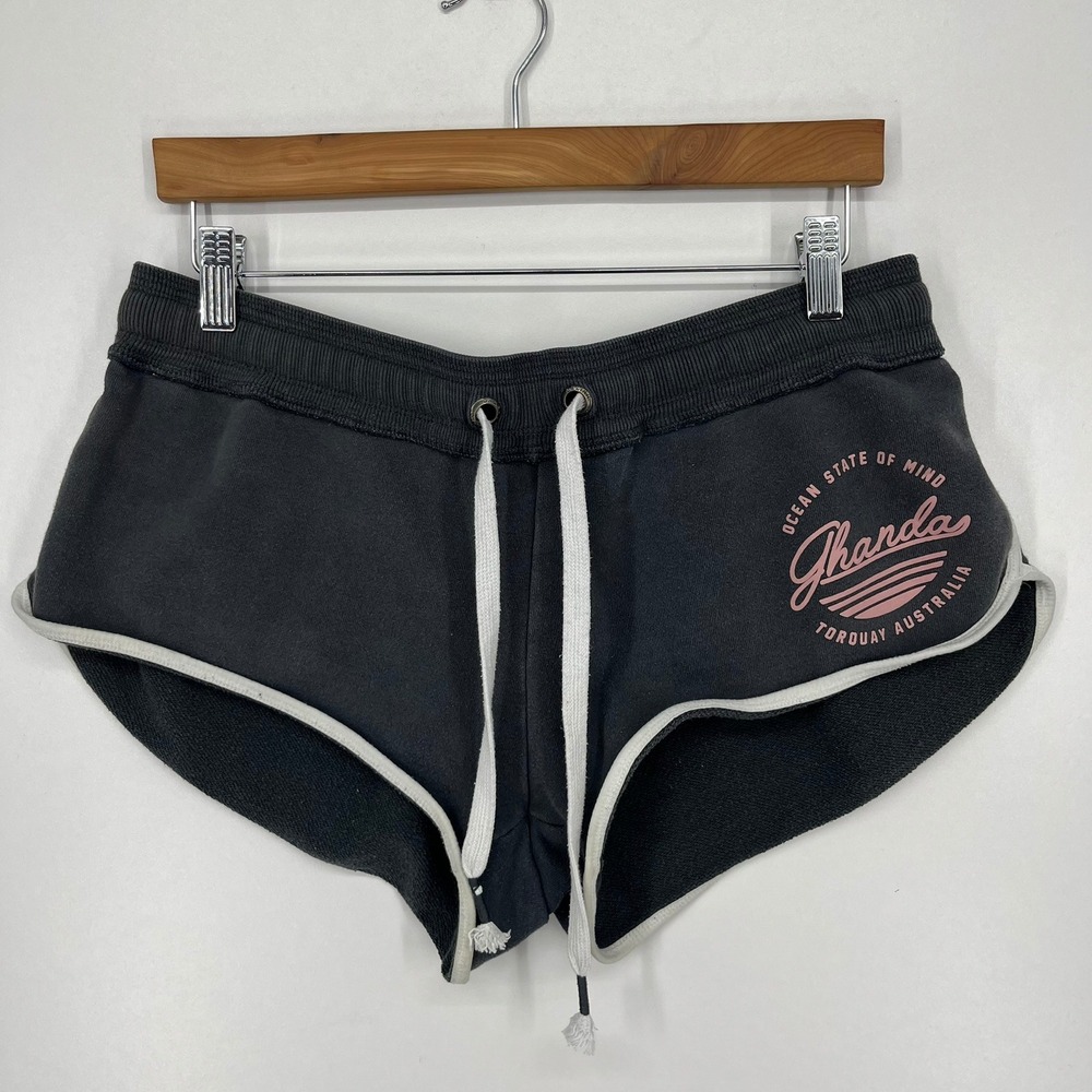 Ghanda Ocean State of Mind Black Graphic Dolphin Sweat Shorts Womens Size 12 AUS